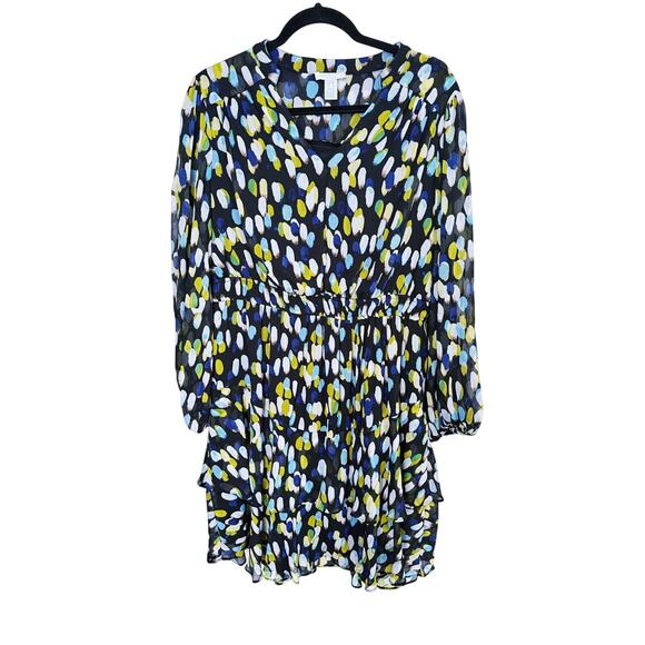 London Times Fit & Flare Long Sleeve Polka Dot Dress Plus 14W Black Blue - Picture 2 of 6